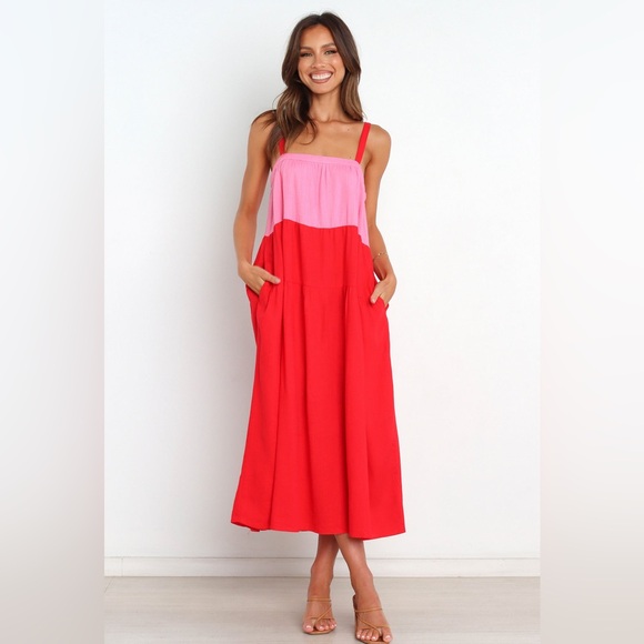 Petal And Pup Women’s Linen Aliana Dress Size Large  Pink Splice Strapless - Picture 1 of 5